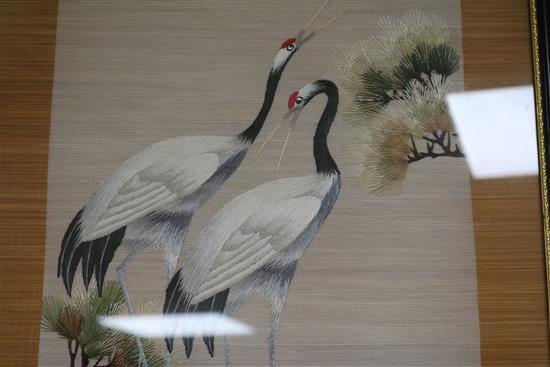 A Chinese watercolour, 40 x 30cm and a silkwork of cranes, 90 x 37cm